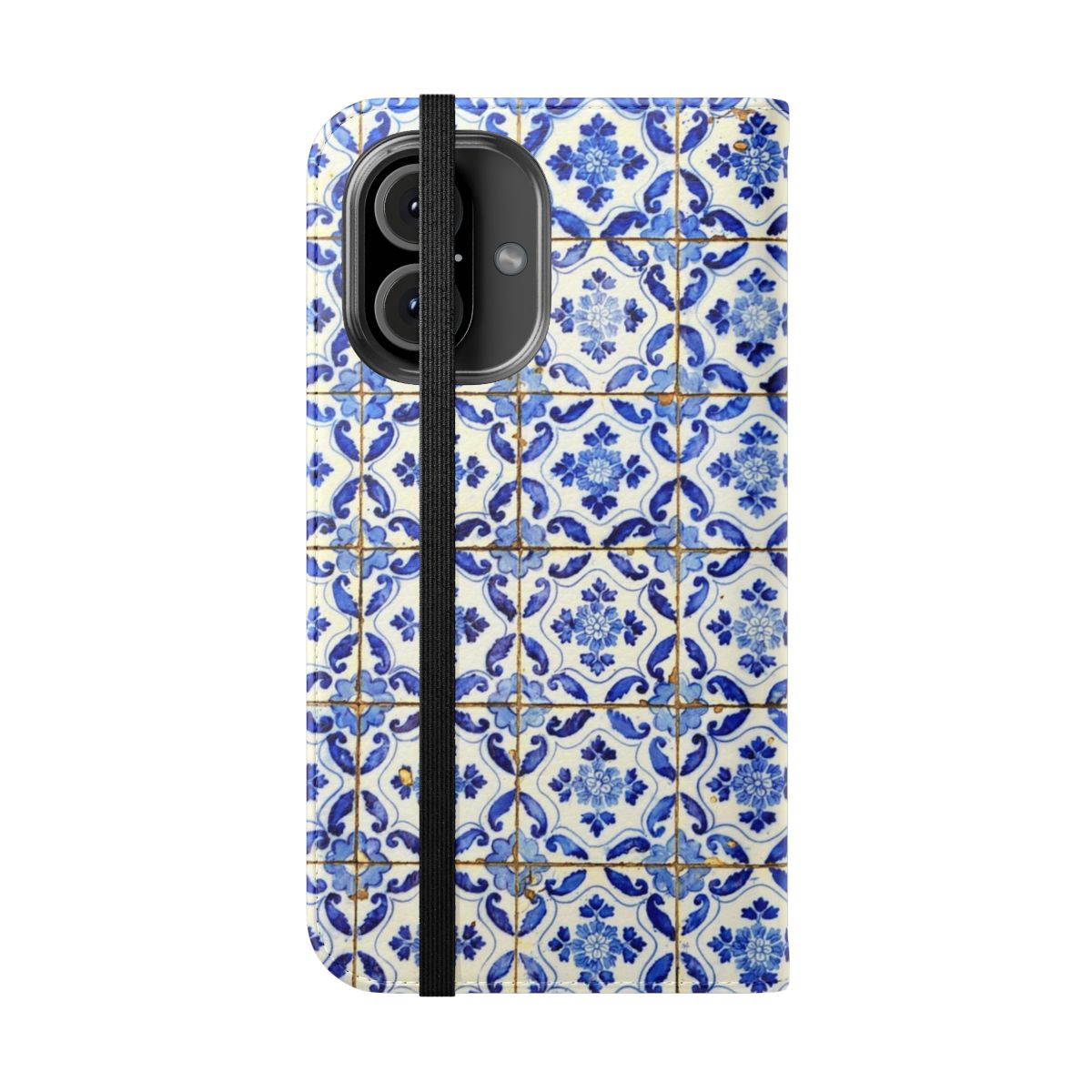 A flip cover phone case featuring a vibrant blue and white floral pattern inspired by traditional Portuguese tiles. - Folded Front