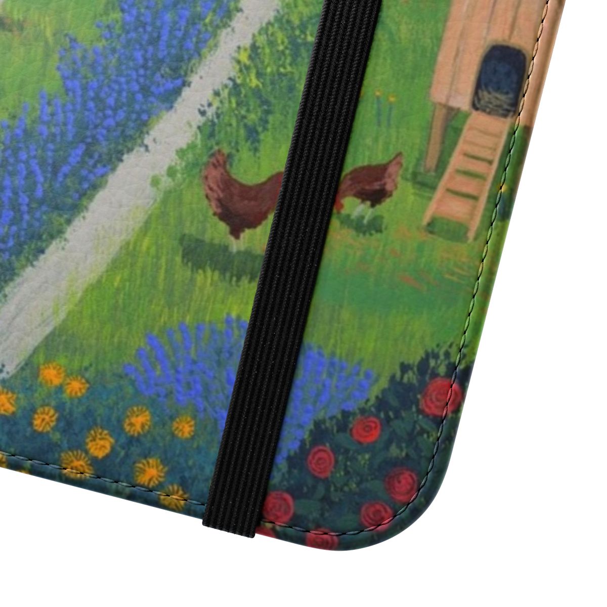 Closeup of a rustic chicken art phone case with a cottage and garden scene - Close Up