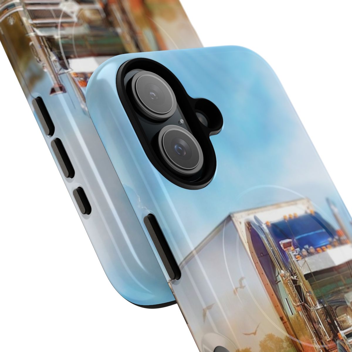 Magnetic tough phone case featuring a Kenworth truck with three trailers driving through the Australian outback - Detail