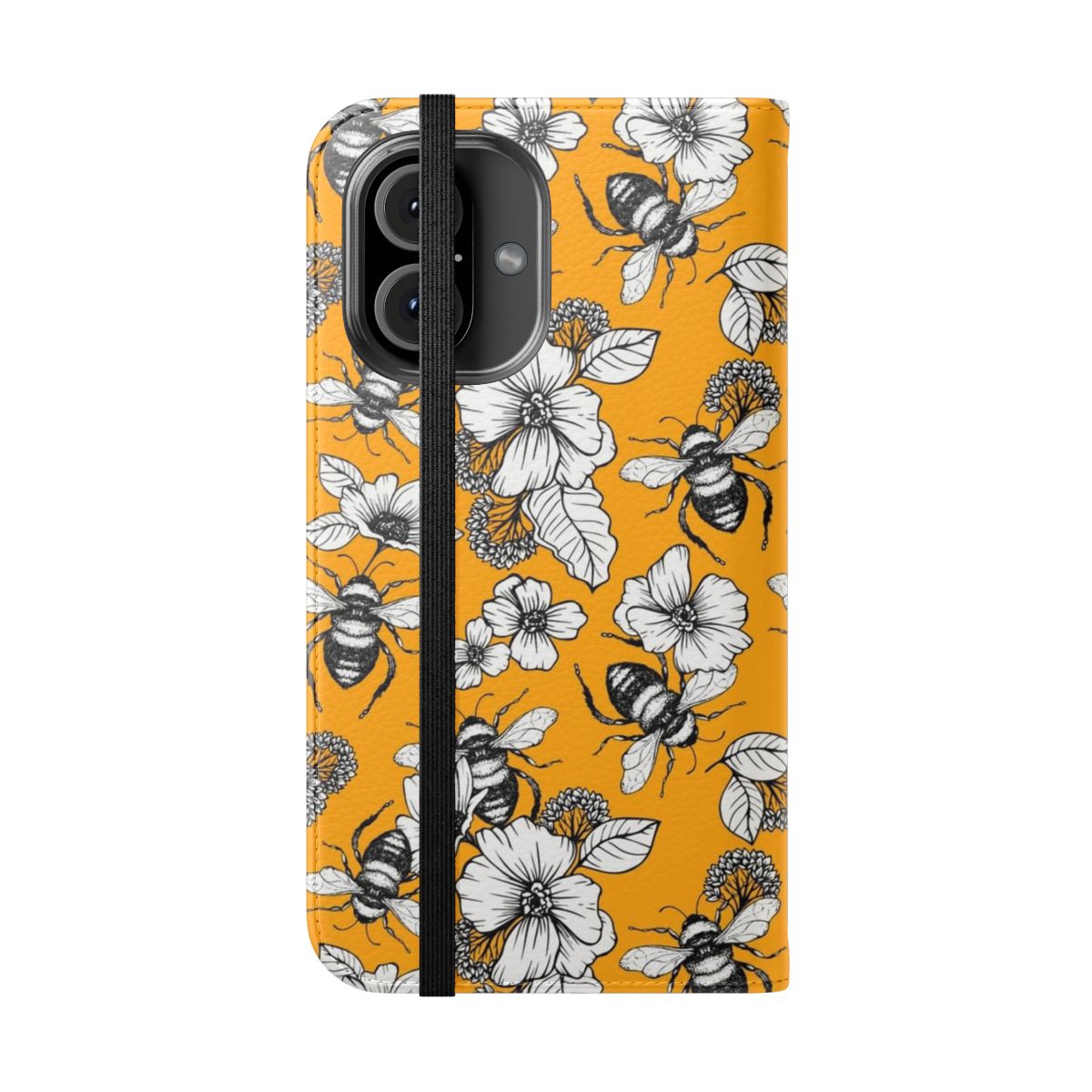 Vintage-style phone case featuring a hand-drawn seamless honey bee and floral pattern in shades of yellow and orange. - Folded Front