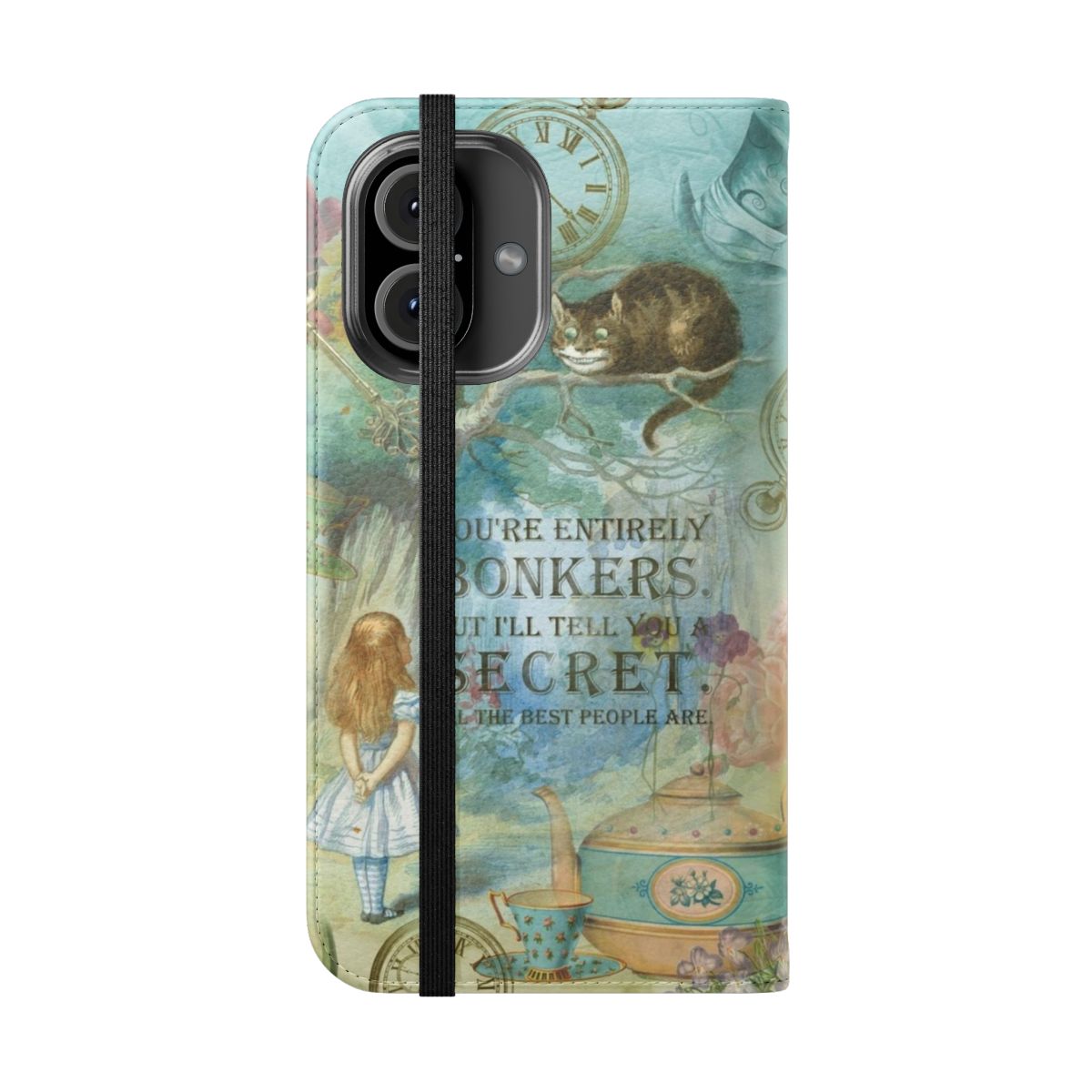 Vintage-style phone case cover featuring a quote from the classic Alice in Wonderland book - Folded Front