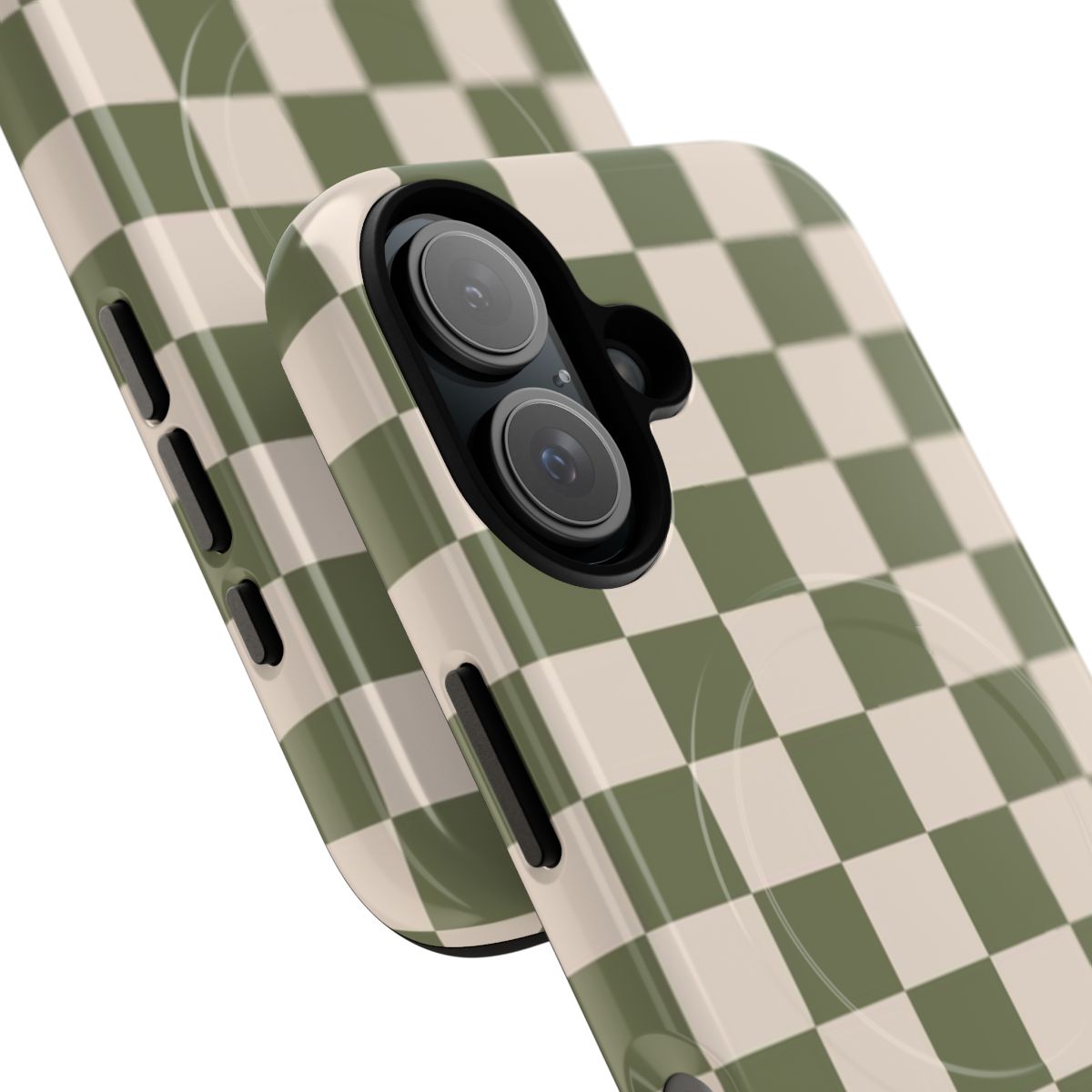 Olive green and beige checkerboard pattern magnetic tough phone case - Detail