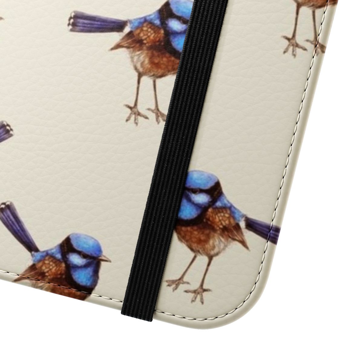 Watercolor illustration of a blue wren, a native Australian bird, on a crema-colored phone case - Close Up