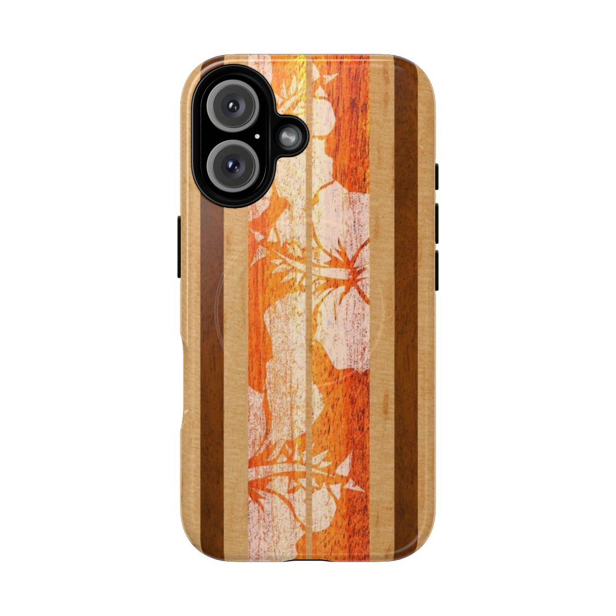 Orange faux wood surfboard-inspired phone case with tropical design