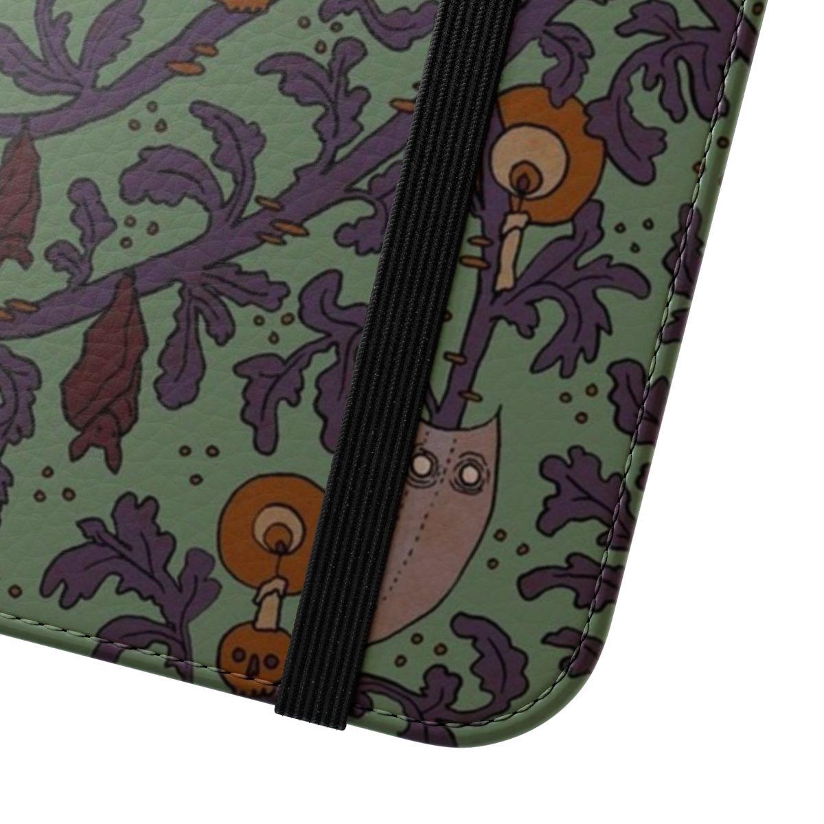 Haunted woods themed flip cover phone case with ghostly, spooky pattern - Close Up