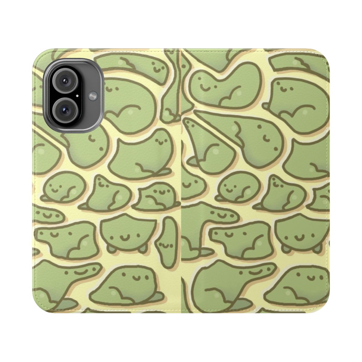 Colorful frog-themed phone case with playful shapes