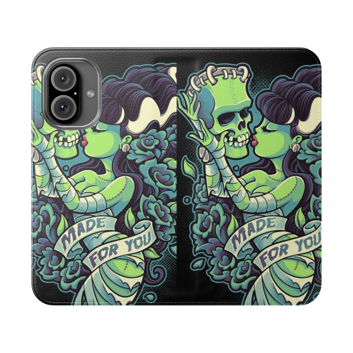 Retro-styled flip cover phone case with horror-inspired graphics including skulls, roses, and a heart design.