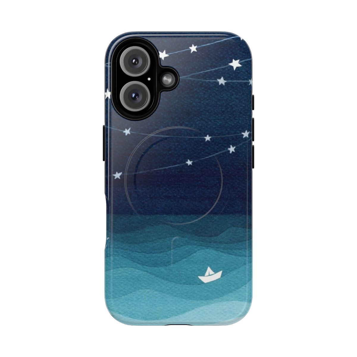 Teal ocean-themed phone case with a garland of stars and a paper boat design