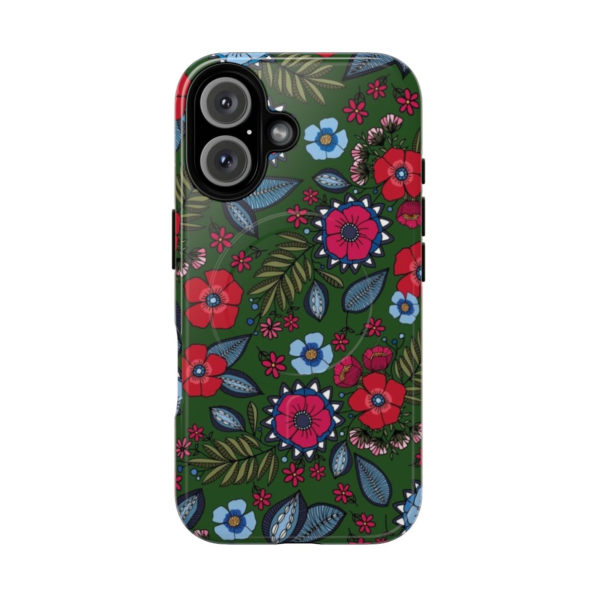 Bouquet of green flowers on a protective, magnetic phone case