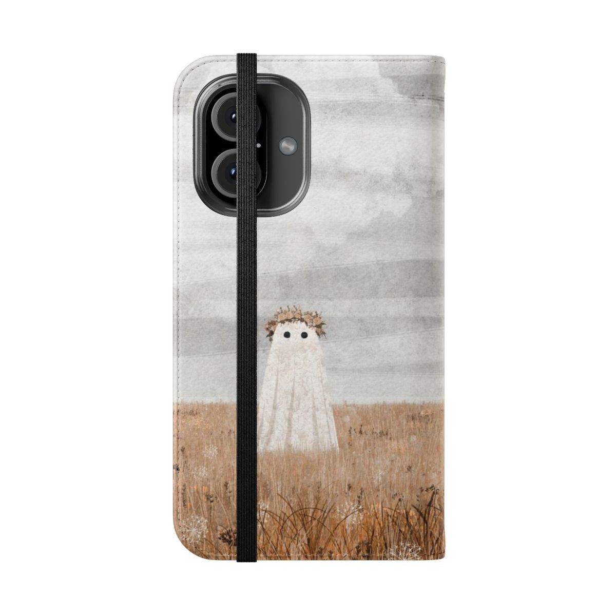 A flip cover phone case featuring a whimsical ghost design surrounded by beautiful wildflowers in a meadow setting. - Folded Front