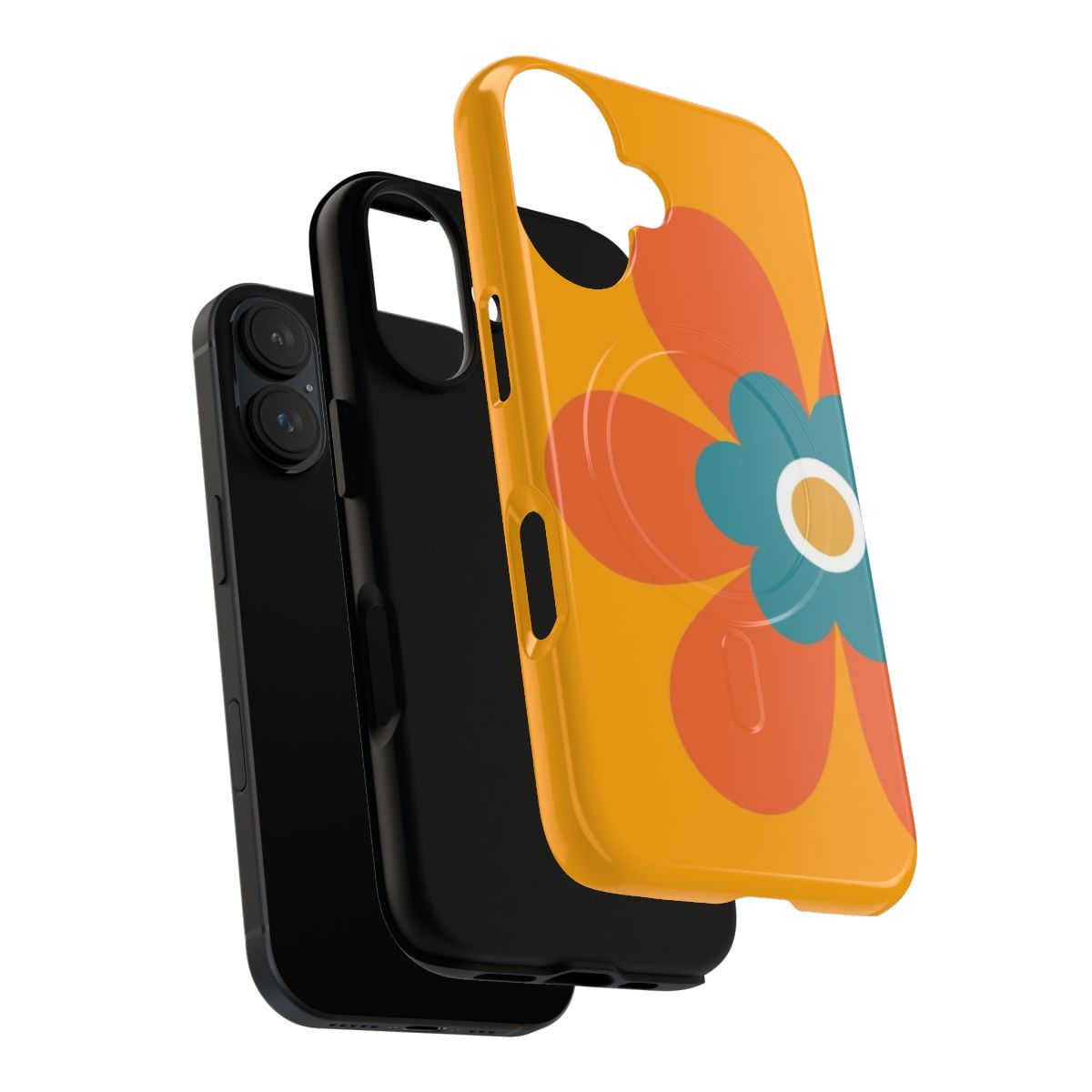 Retro 70s flower power phone case featuring a simple floral graphic in bright orange, turquoise blue, and mustard yellow. - Layers