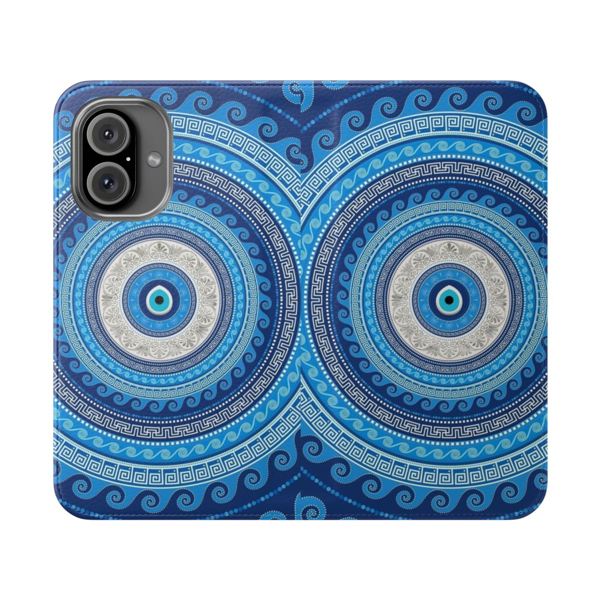 Handcrafted flip phone case featuring a Greek evil eye ornament with meander and key patterns.