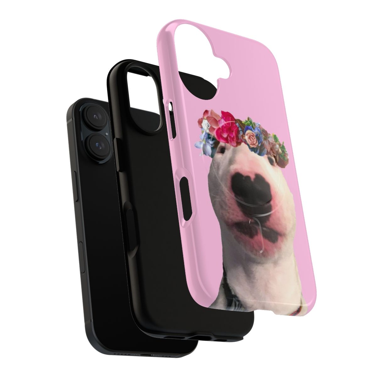 Magnetic phone case featuring a bull terrier dog wearing a flower crown in pink and purple - Layers