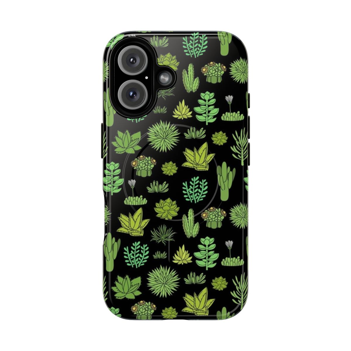 A phone case featuring a colorful design of succulents and cactus plants, perfect for nature and plant enthusiasts.