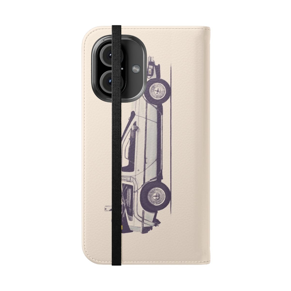 Vintage-inspired Delorean-themed flip phone case - Folded Front