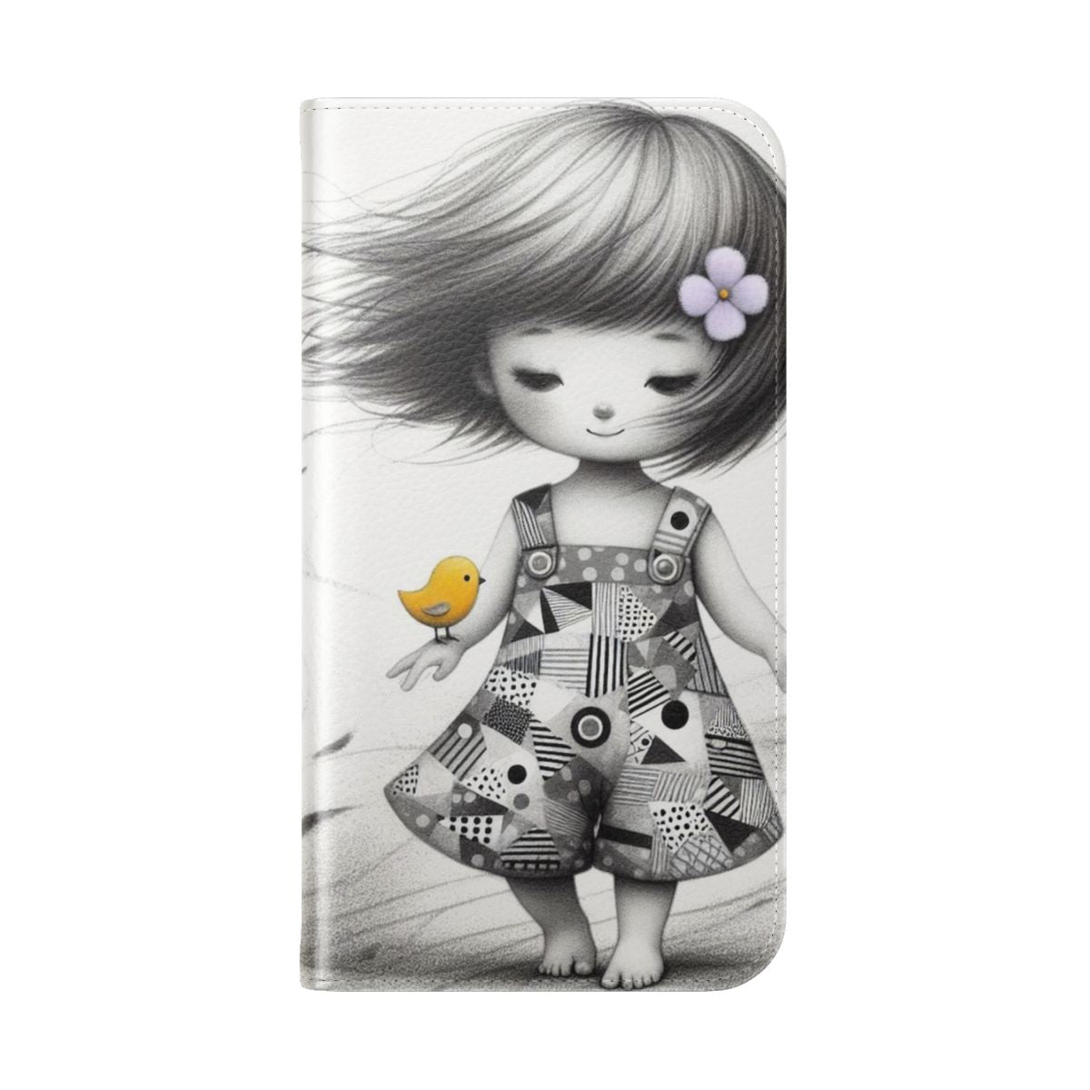 Cute cartoon-style illustration of a girl with a bob hairstyle and a bird on a flip cover phone case. - Folded Back