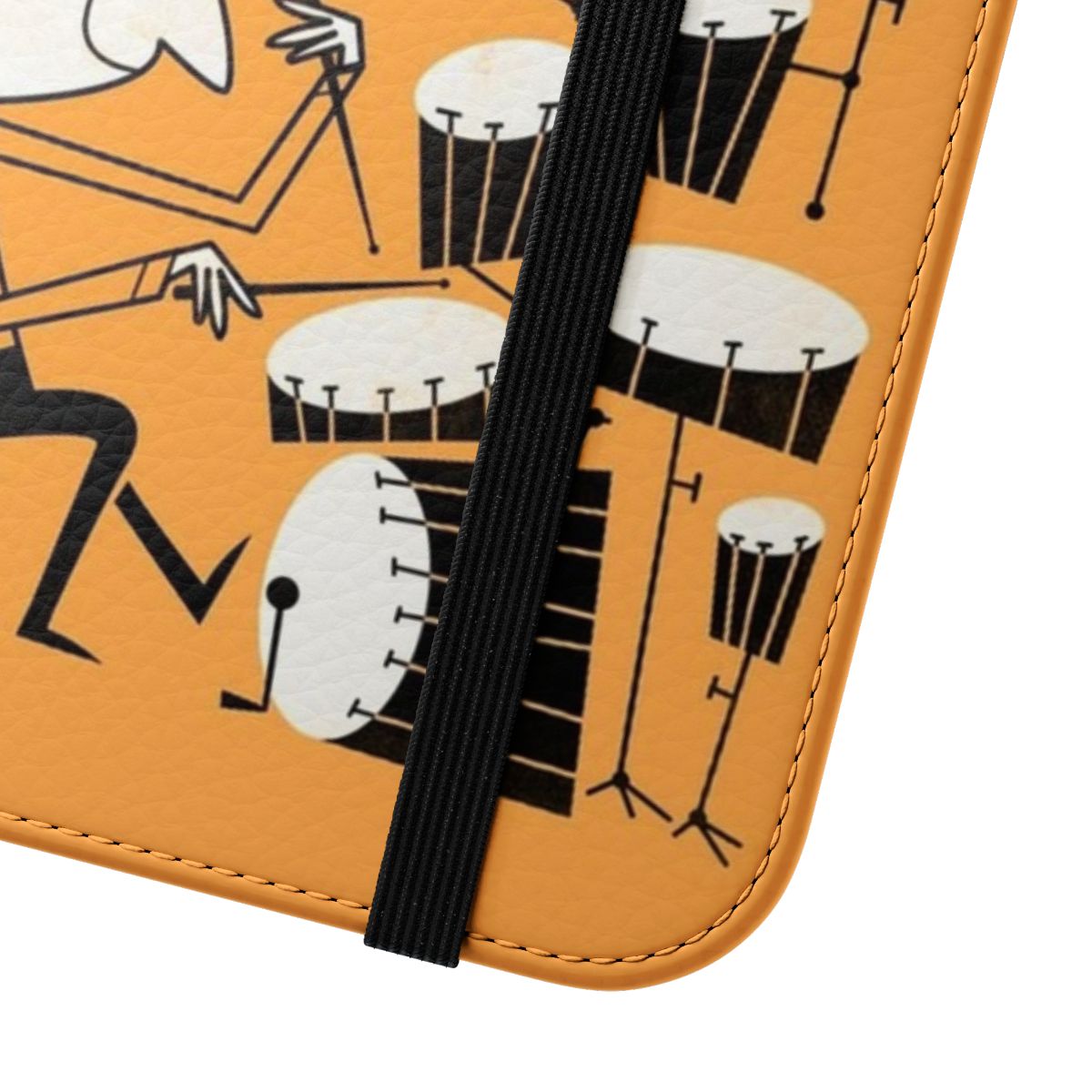 Retro-style phone case featuring a funky graphic design with a drummer and the text "Play that beat" - Close Up