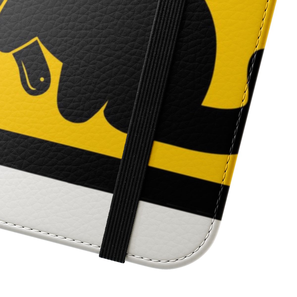 Amusing yellow flip phone case featuring a cat design with a caution or warning style - Close Up