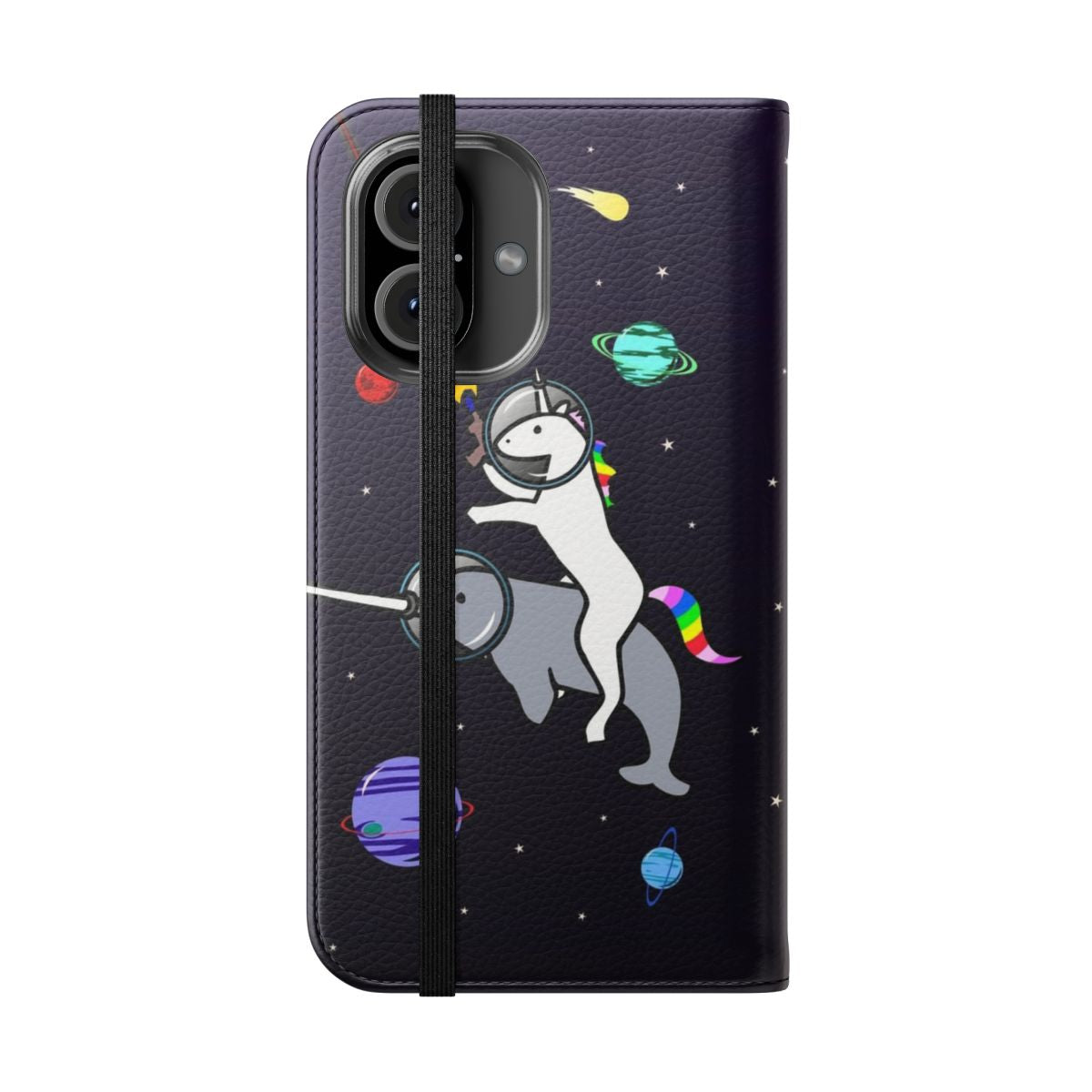 Vibrant illustration of a unicorn riding a narwhal in a cosmic space setting on a phone case cover. - Folded Front