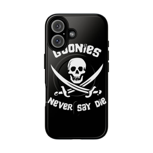 Goonies-themed magnetic tough phone case with pirate skull, swords, and other iconic movie references