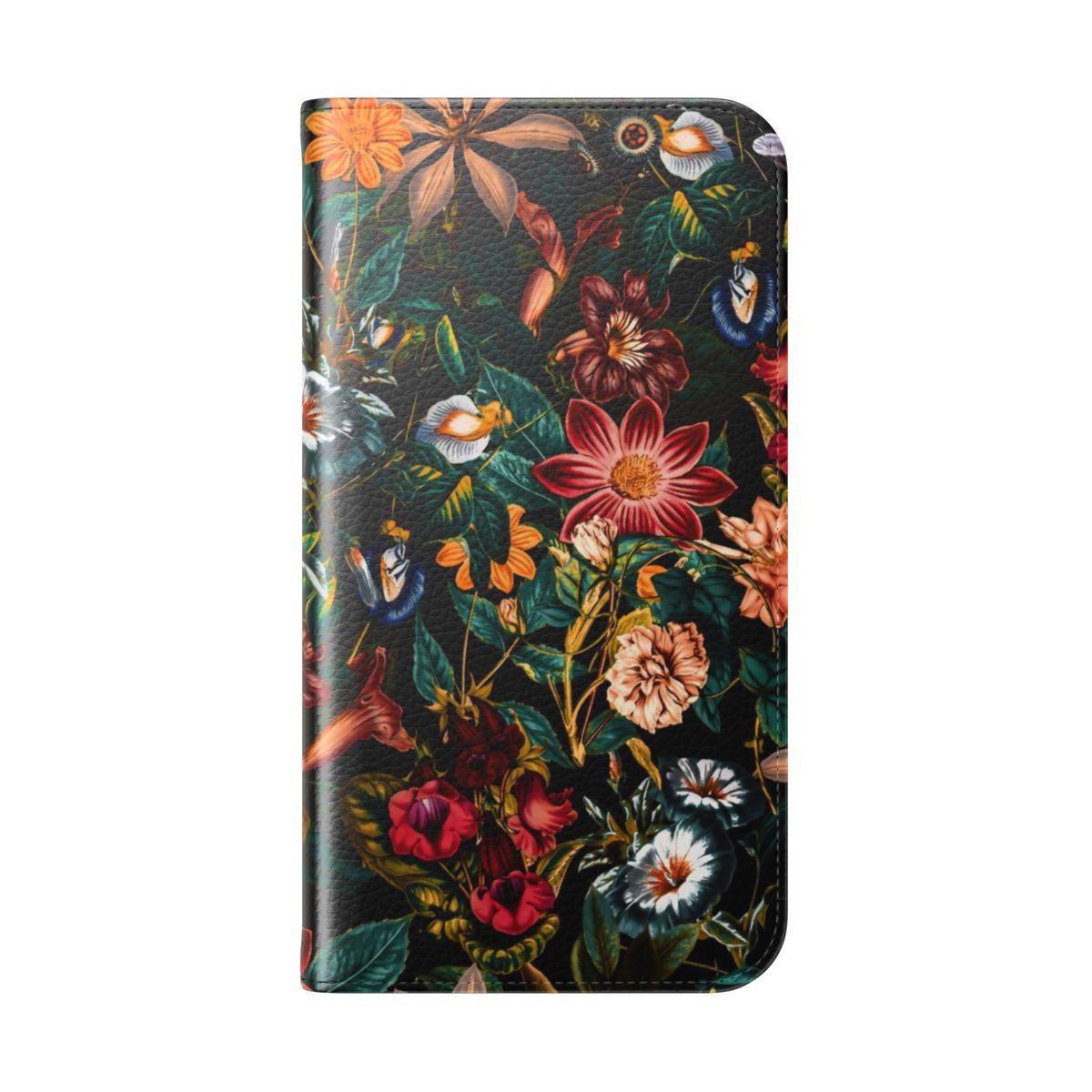 Vibrant floral and botanical pattern phone case with a night garden design - Folded Back