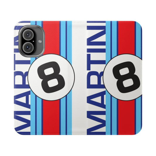 Stylish vintage racing-inspired flip phone case with Martini-style stripes