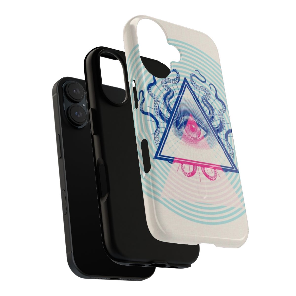 Illuminati-inspired geometric phone case with pink, tentacle, and cthulhu-like designs - Layers