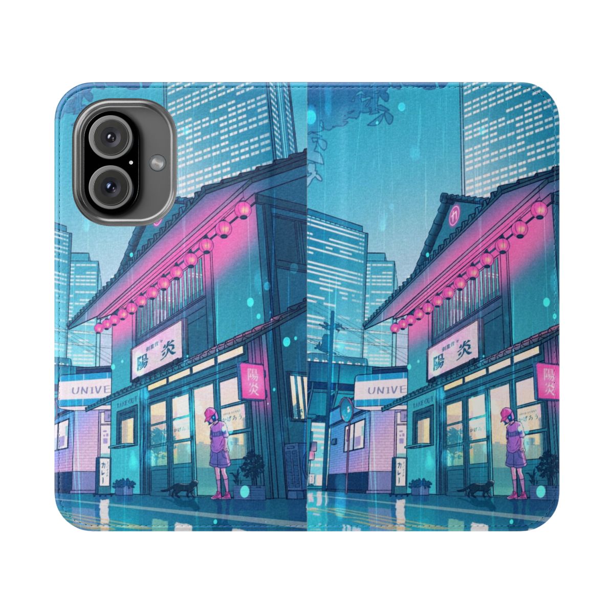 Retro cyberpunk-inspired flip phone case with kawaii anime girl and city night design