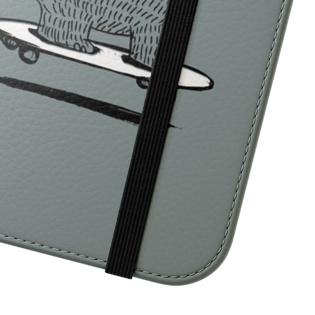 Flip cover phone case with surfing and skateboarding design - Close Up