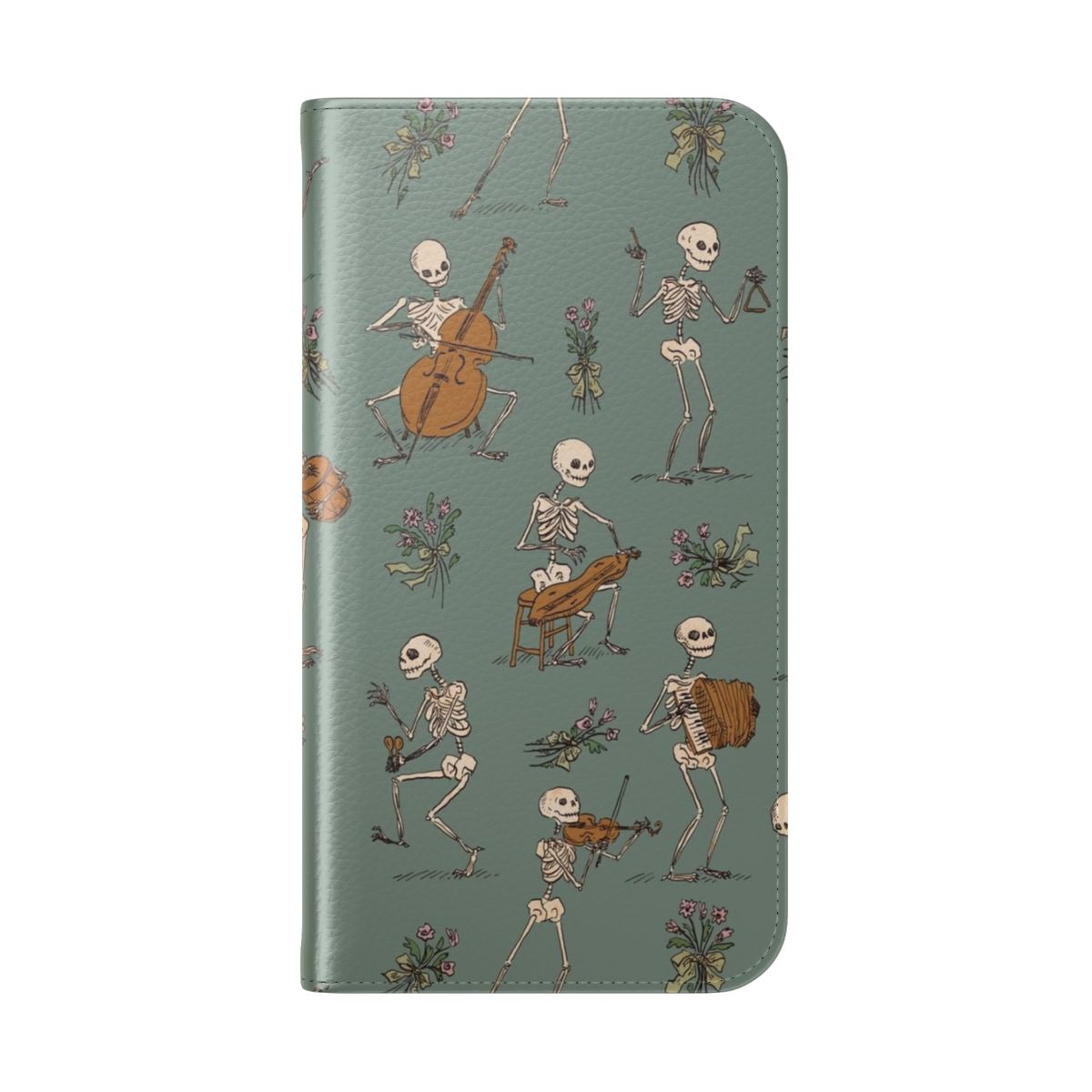 Skeleton orchestra-themed phone case cover with various musical instruments - Folded Back