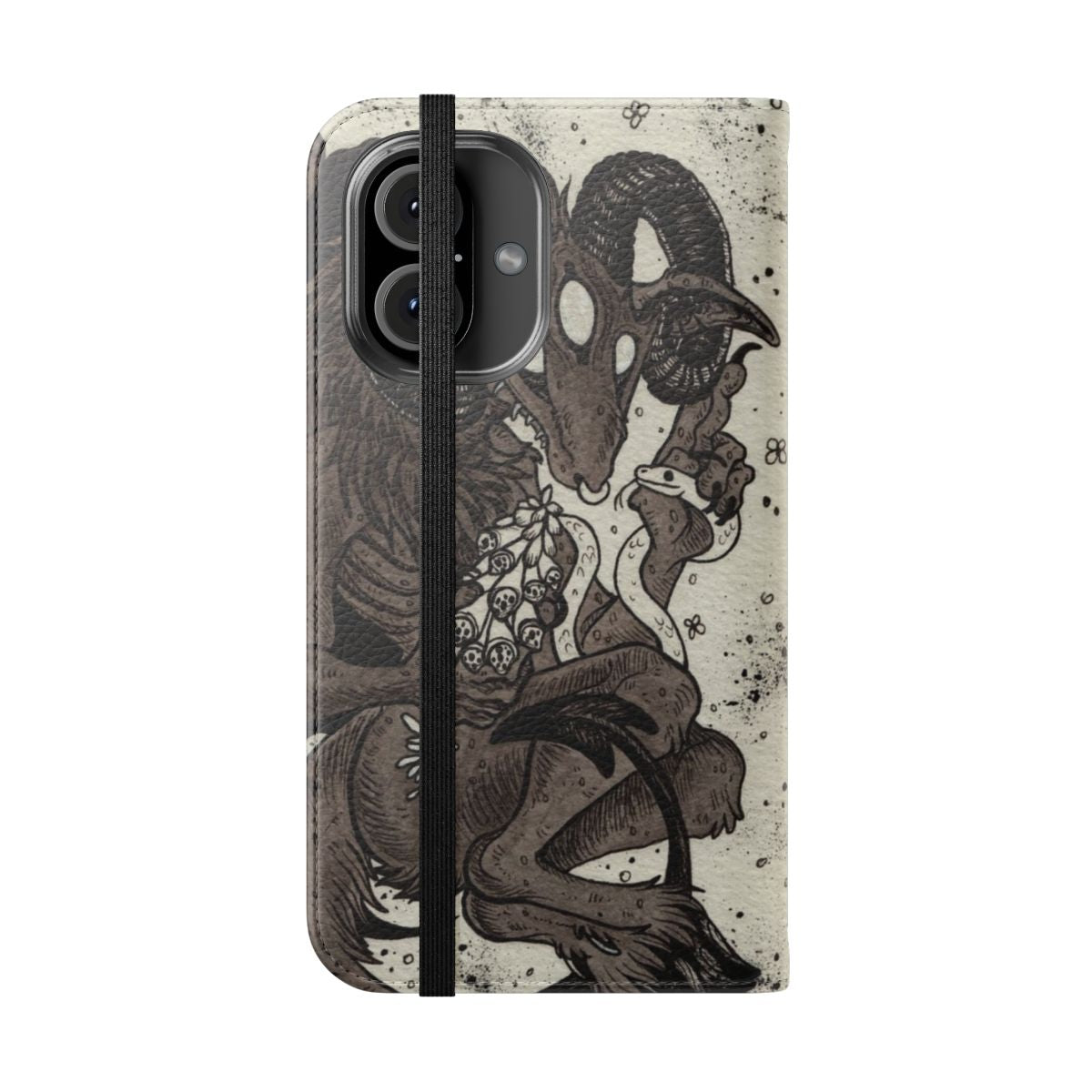 Dark, monochrome phone case featuring a demonic, goat-like creature with wings and an ominous, supernatural design. - Folded Front