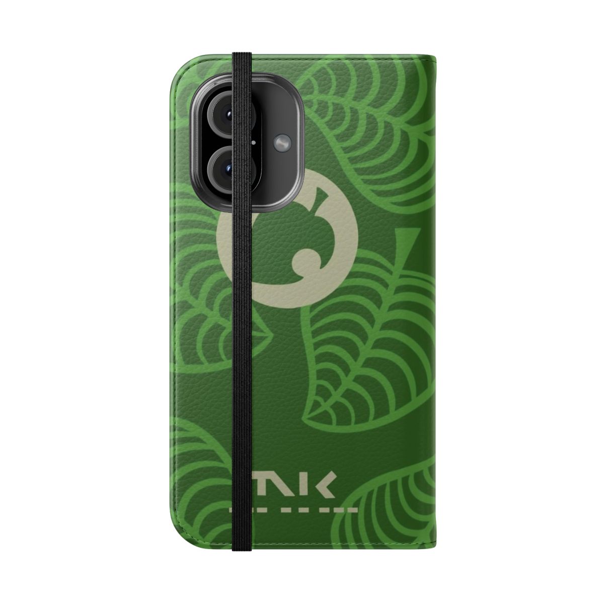 Green flip phone case with Animal Crossing-inspired leaf design - Folded Front