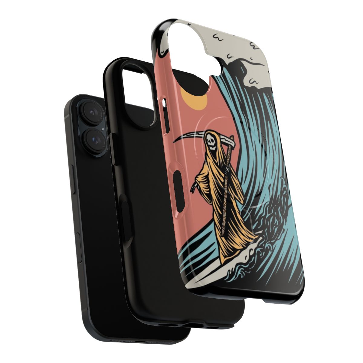 Colorful tropical floral phone case with a surfing reaper design - Layers