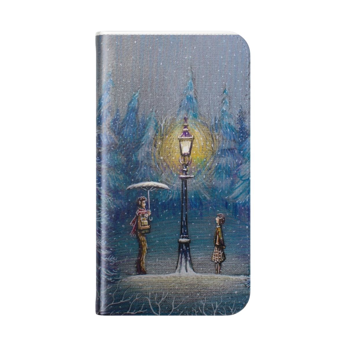 Narnia-themed flip cover phone case with magical lantern design - Folded Back