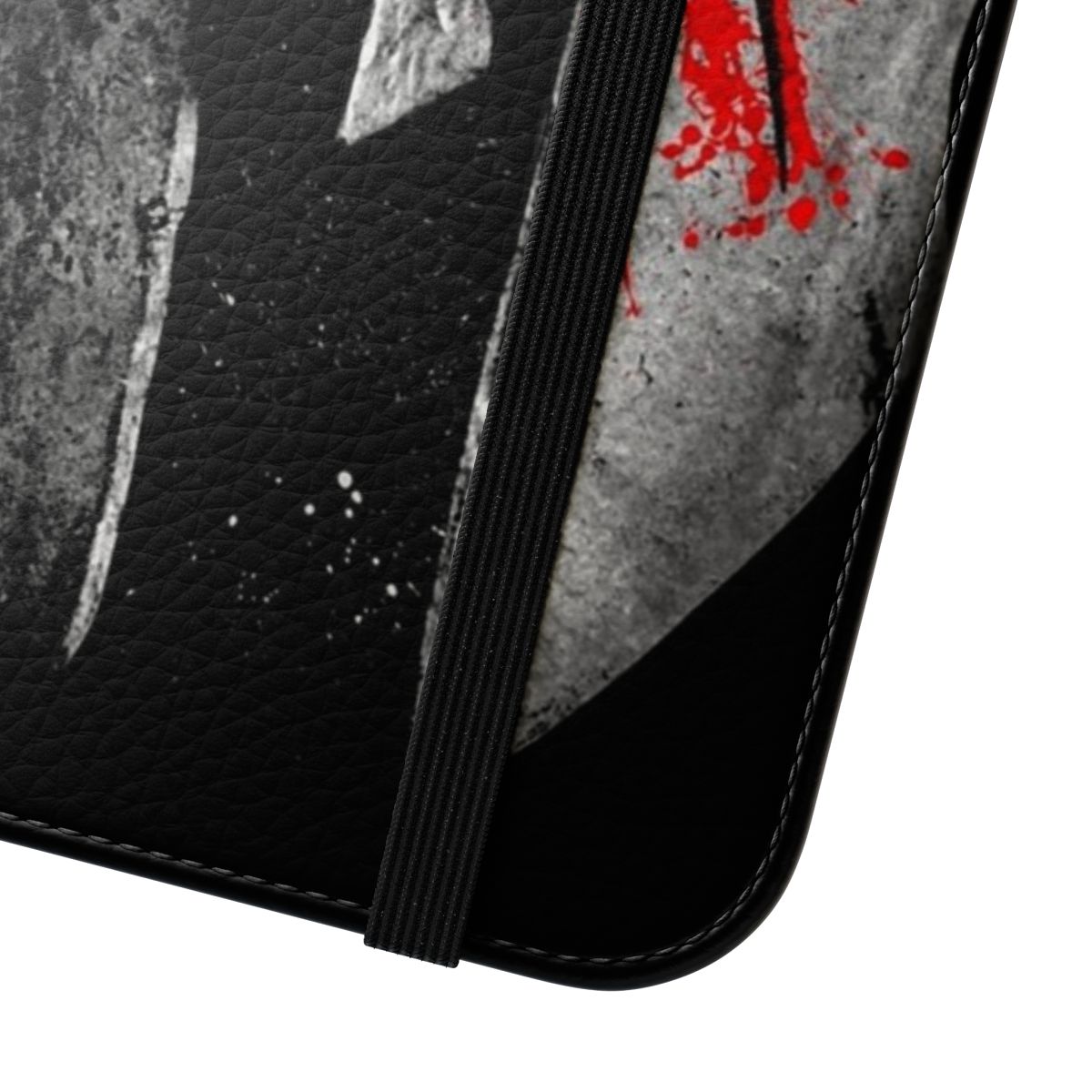 Image of a grungy, dark phone case with a spartan warrior helmet design - Close Up