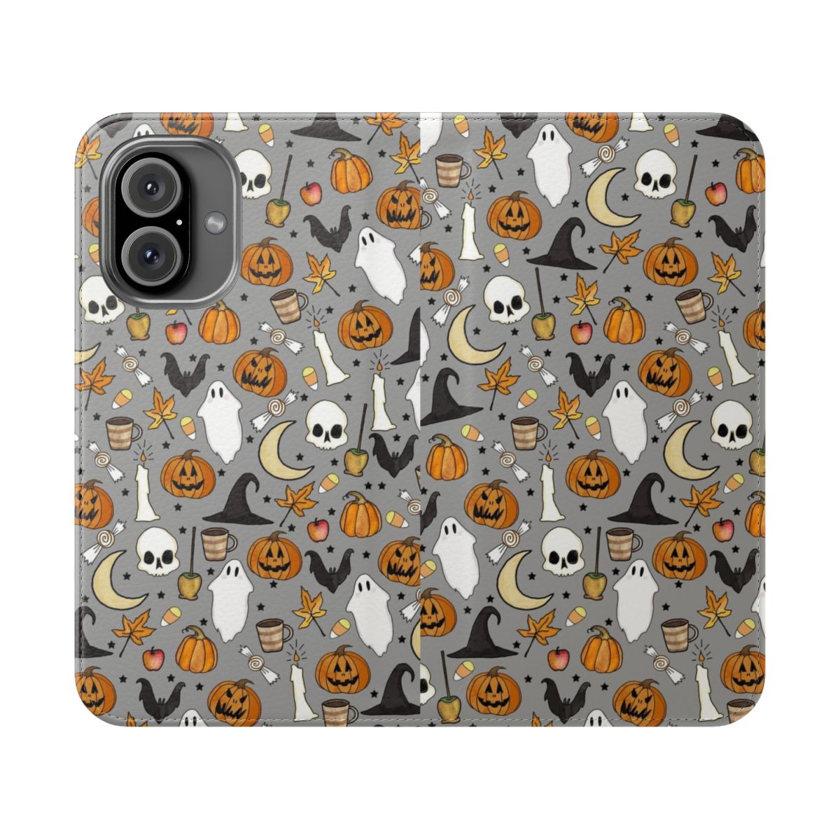 A gray and orange patterned flip cover phone case with a Halloween theme, featuring pumpkins, moons, and other spooky elements.