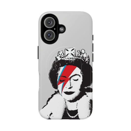 Banksy-inspired phone case featuring a black and white pop art design of Queen Elizabeth