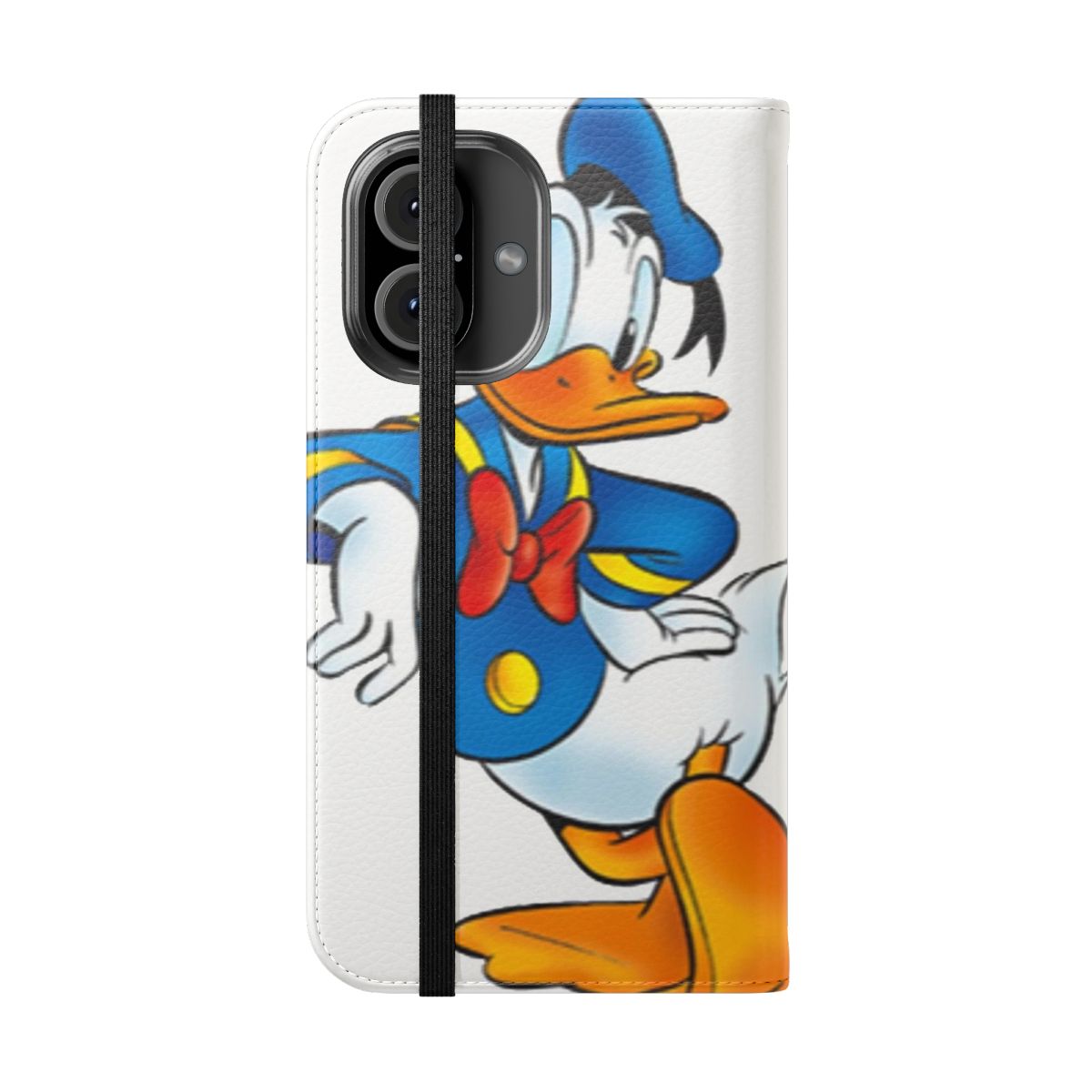 A durable and stylish flip cover phone case featuring the beloved Disney character, Donald Duck. - Folded Front