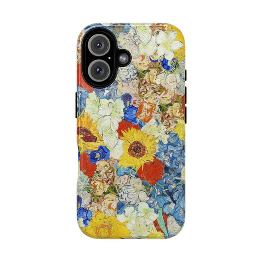 A vibrant phone case featuring a digital collage of van Gogh-style flowers and sunflowers in a range of bold, colorful hues.