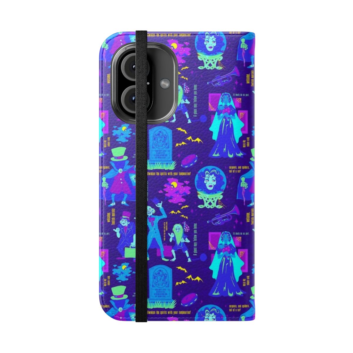 Haunted Mansion inspired flip cover phone case with spooky graphics - Folded Front