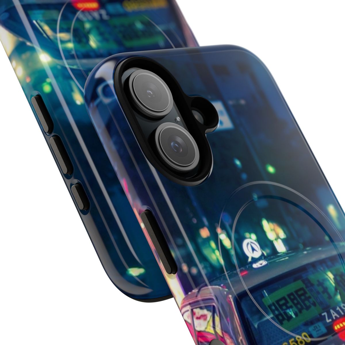 Futuristic phone case with a moody, cyberpunk-inspired design featuring neon lights and a neo-tokyo inspired alleyway. - Detail