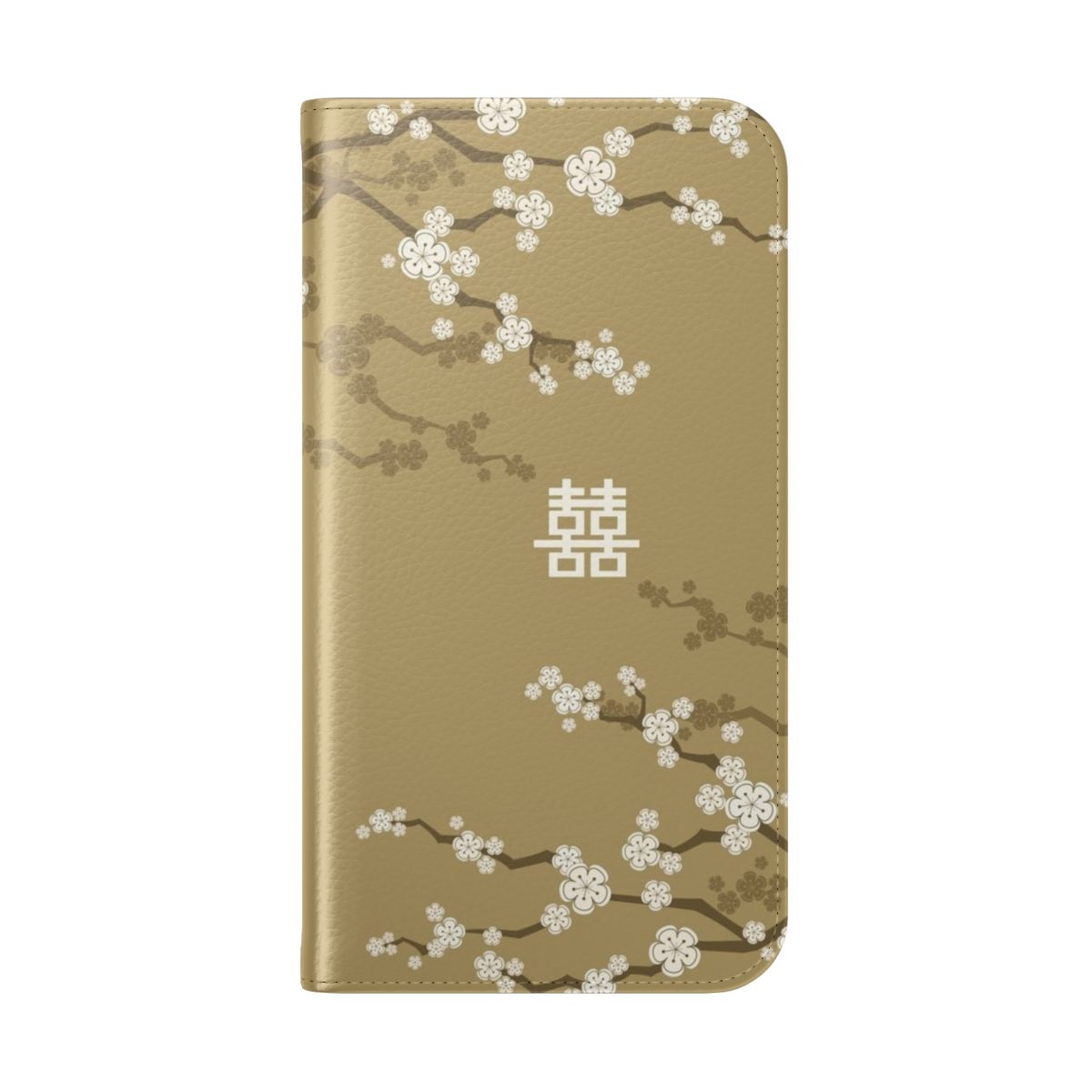 Ivory white phone case with oriental cherry blossoms and Chinese double happiness symbol - Folded Back