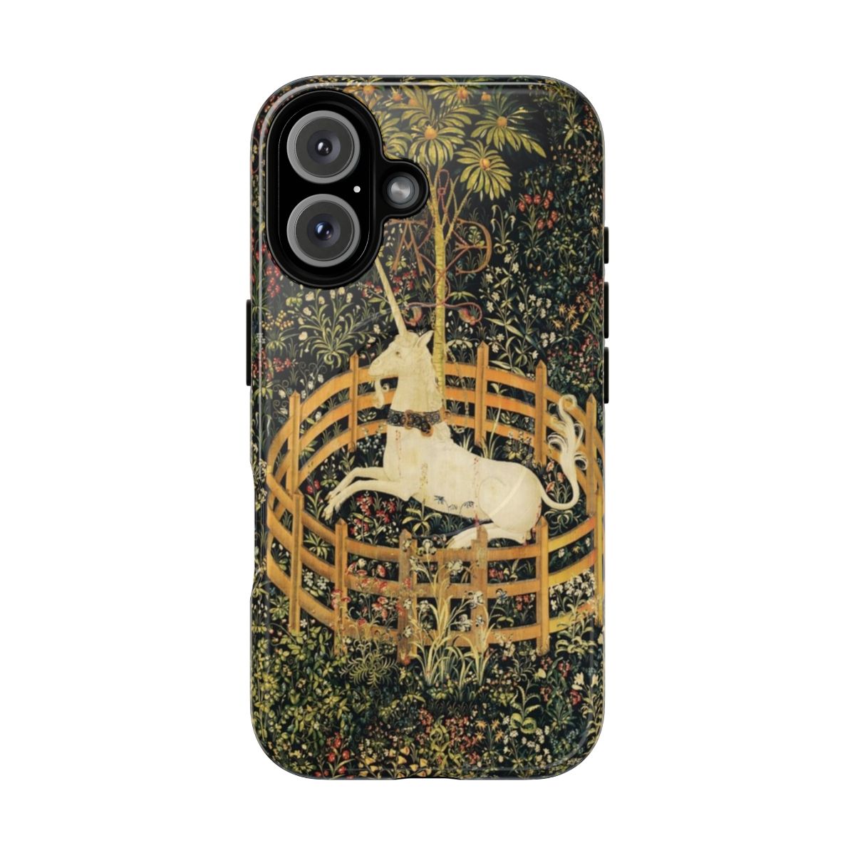 Artistic phone case featuring a captive unicorn in a verdant, gothic floral design