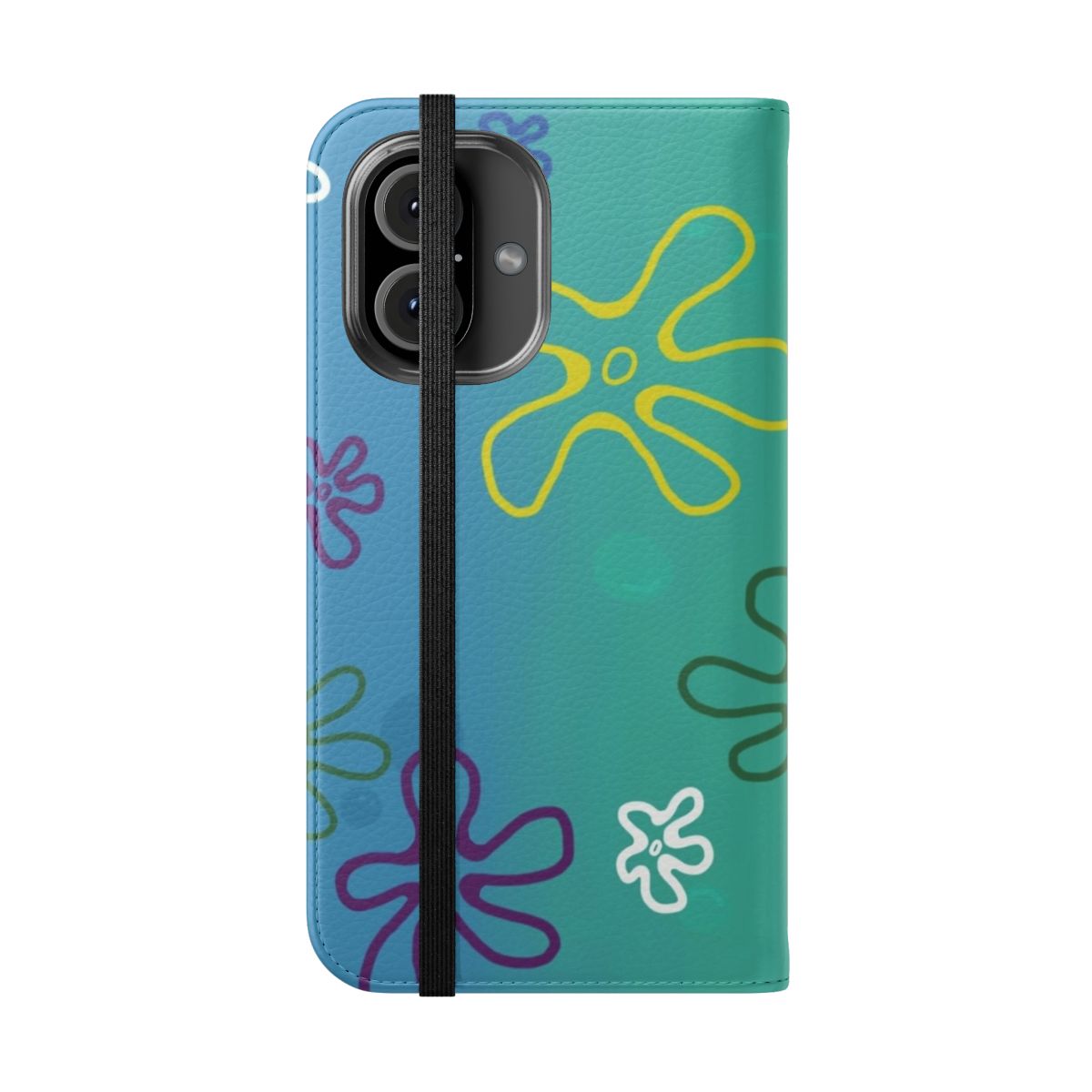 Vibrant blue and purple floral phone case with a spongebob inspired design - Folded Front