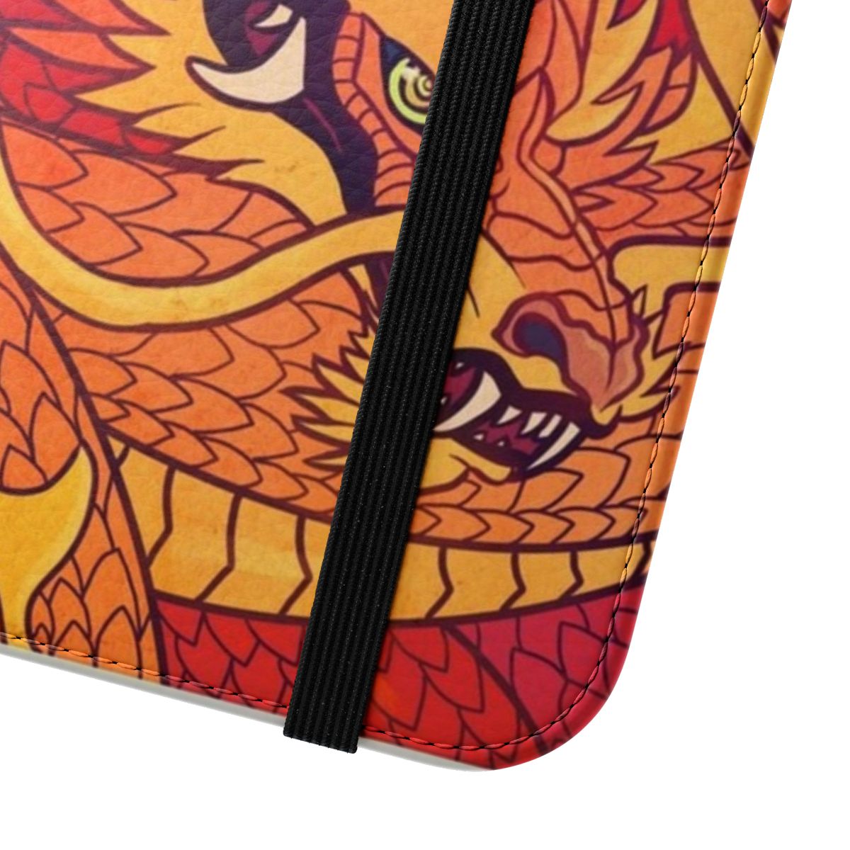 A red, coiled dragon-themed flip cover phone case with a fantasy design. - Close Up