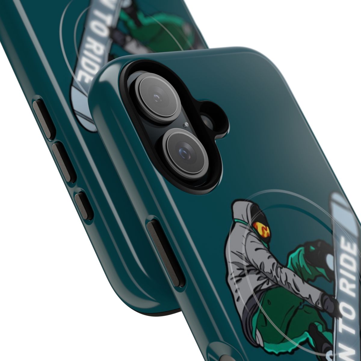 Rugged magnetic phone case with snowboarding and skiing graphics - Detail