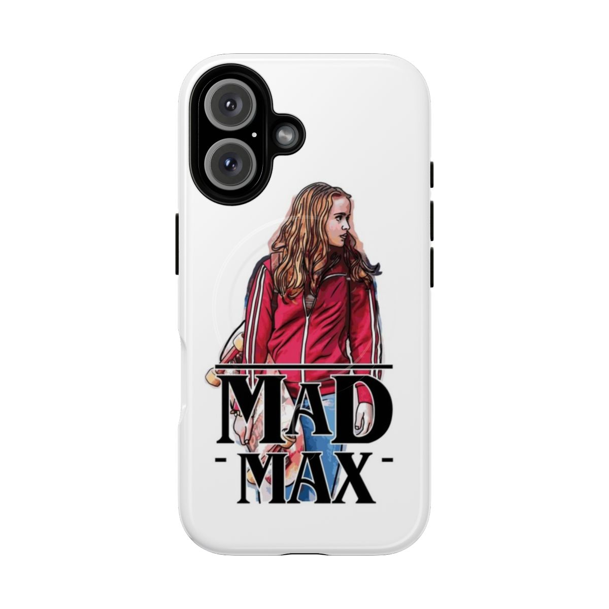 Mad Max and Stranger Things-inspired phone case with cartoon art and vintage aesthetic