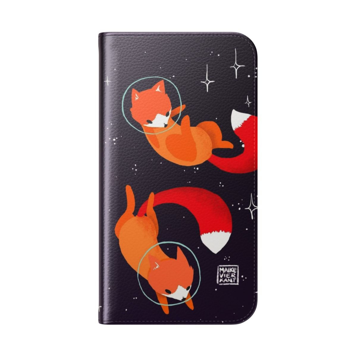 A vibrant digital illustration of a cute, cartoon-style space fox on a phone case. - Folded Back