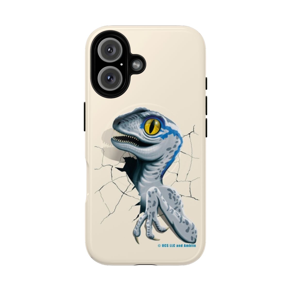 Jurassic World-inspired phone case with a baby blue velociraptor design