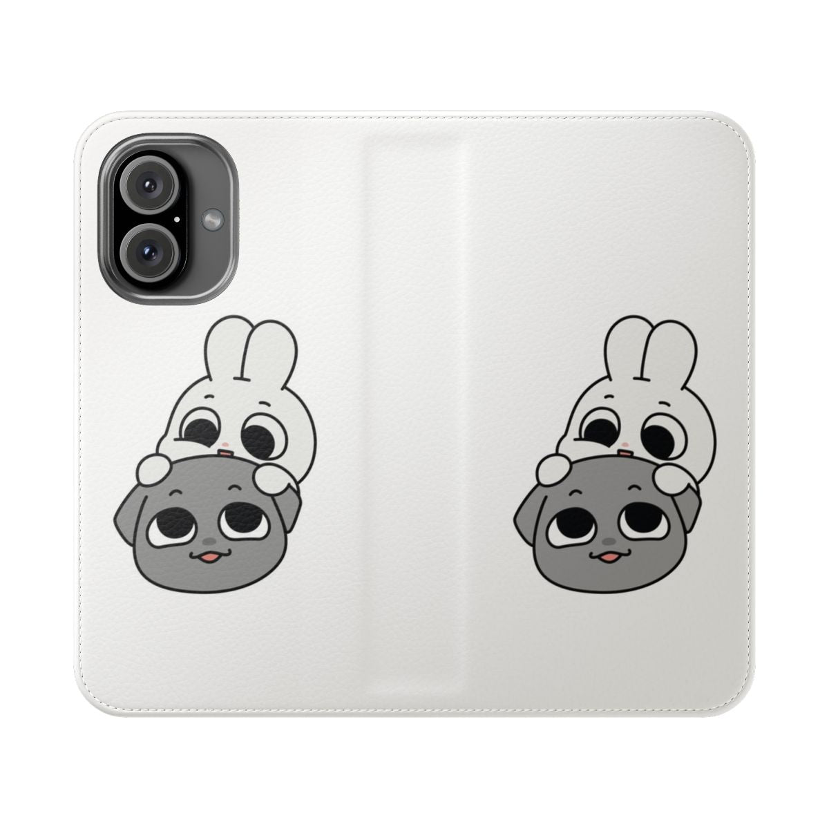 Cute cartoon dog and rabbit couple on a flip cover phone case.